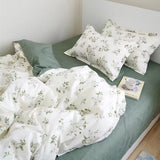 Tineit Ins Floral Bedding Set Soft Duvet Cover with Zipper No Filler Flat Sheet Pillowcase Cream Green Twin Queen Size Bed Linens