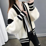 thanksgiving outfit Tineit Patchwork Sweater Women Knitted Loose Elegant Black White Fashion Cardigan Lazy Strip V-Neck Long Sleevekorean Female Jumpers