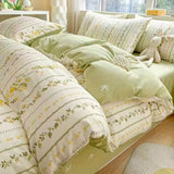 Tineit White Green Bedding Set Floral Ins Duvet Cover with Zipper No Filler Flat Sheet Pillowcase Twin Queen Size Bed Linens