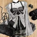 Tineit Early Autumn Three Piece Sets Sweet Lolita Lace Up Ruffles Cardigan+ Sexy Slim Fit Strapless Vest Tops+ High Waist Ruched Skirts