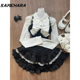 Tineit Korean Lolita Sweet Fresh Bow Tie Waist Slimming Camisole Tops Versatile White Shirt High Skirt Chic Dress Sets Платье