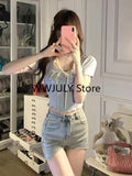 Tineit Sweet Kawaii Crop Tops Women Blue Bodycon Slim Blouse Female Basic Casual Streewear Y2k Shirts Korean Fashion 2025 Summer Chic