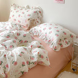 Tineit Ins Korean Style Duvet Cover Set with Flat Sheet Pillowcase No filler Washed Cotton Queen Full Twin Cute Floral Bedding Set