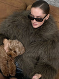 Tineit 2024 Dark Green Chic Stand Collar Fluffy Faux Fur Coat Women's Fashion Full Sleeve Winter Warm Short Jacket Female New Outerwear