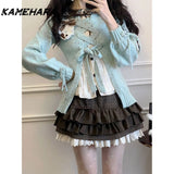 Tineit French Lolita Set Cute Sweet Lapel Long Sleeved Shirt Mint Colored Sweater Short Skirt Spring Autumn 3 Piece Set Платье