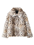 Tineit Faux Fur Leopard Print Short Coat Women Single Breasted Loose Turn-down Collar Fashion Chic Jacket 2025 Autumn Luxury Outwear