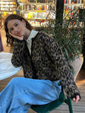 Tineit Leopard Print Chic Cardigan Women Knitted Long Sleeve O-neck Single Breasted Sweater 2025 Autumn Casual Loose Elegant Coats Tops