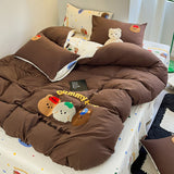 Tineit Mocha Bear Embroidery Bedding Set Twin Queen Duvet Cover Set Pillowcases for Adult Kids Bed Flat Sheet Cute Quilt Cover Kawaii