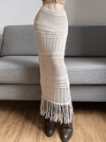 Tineit Fringed Crochet Hollow Knit Long Skirt