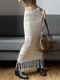 Tineit Fringed Crochet Hollow Knit Long Skirt