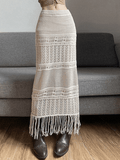 Tineit Fringed Crochet Hollow Knit Long Skirt