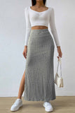 Tineit Solid Color Slit Knitted Skirt