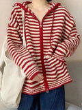 Tineit Hooded Striped Long Sleeve Knit Cardigan