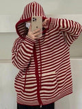 Tineit Hooded Striped Long Sleeve Knit Cardigan