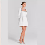 Tineit 2024 New Women's White French Square Collar Diamond Long Sleeve Bandage Dress Summer High-end Sense