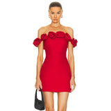 Tineit 2024 Women's High-grade Foreign Trade Red Shoulder Flower Bandage Dress Source Manufacturers