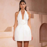 Tineit Hot-selling French Style White Flower Beaded Daqua Dress Marilyn Monroe Deep V Neck Dress