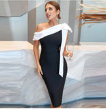 Tineit Summer Sexy Shoulder Color-block Bow Bandage Dress Tight Hip Elegant Party Dress Middle-aged Women's Clothing