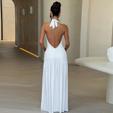 Tineit Style 2024 Summer New Women's Elegant Neck V-neck Long Dress Sexy Split Pleated Backless Dress