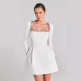 Tineit 2024 New Women's White French Square Collar Diamond Long Sleeve Bandage Dress Summer High-end Sense