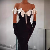 Tineit Tassel Bow Off-shoulder Black Bandage Dress High-set Temperament Banquet Birthday Evening Dress