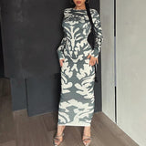 Tineit Women's Clothing 2024 New Autumn Fashion Printing Slim Backless Long Sleeve Dress Women's Wholesale