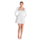 Tineit 2024 New Women's White French Square Collar Diamond Long Sleeve Bandage Dress Summer High-end Sense