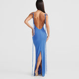 Tineit Style Fashion New Solid Color Sexy Backless Hollow Neck Tight Waist Long Split Dress Women's Clothing