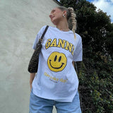 Tineit American Retro Smiley Print White Short-sleeved T-shirt Women's Summer Design Niche Spice Girls Half-sleeved Top