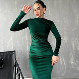 Tineit Women's 2024 Spring New Fashion Solid Color Slim Pleated Round Neck Long Sleeve Dress Foreign Trade Wholesale