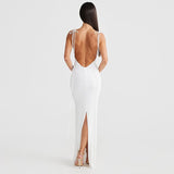 Tineit Style Fashion New Solid Color Sexy Backless Hollow Neck Tight Waist Long Split Dress Women's Clothing