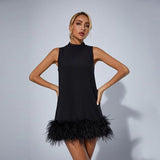 Tineit Australian Fashion Brand Design Sense Fashion Women's High Sense Spring Elegant Black Ostrich Hair Stitching Dress