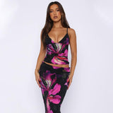 Tineit Women's 2024 Summer New Fashion Printing Sexy V-neck Small Vest Slim Skirt Suit Wholesale