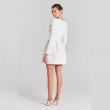 Tineit 2024 New Women's White French Square Collar Diamond Long Sleeve Bandage Dress Summer High-end Sense