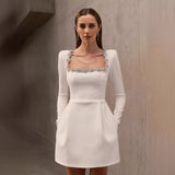 Tineit 2024 New Women's White French Square Collar Diamond Long Sleeve Bandage Dress Summer High-end Sense