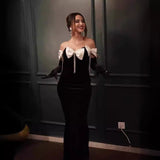 Tineit Tassel Bow Off-shoulder Black Bandage Dress High-set Temperament Banquet Birthday Evening Dress