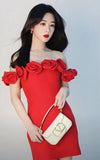 Tineit 2024 Women's High-grade Foreign Trade Red Shoulder Flower Bandage Dress Source Manufacturers