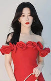 Tineit 2024 Women's High-grade Foreign Trade Red Shoulder Flower Bandage Dress Source Manufacturers