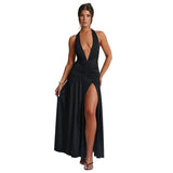 Tineit Style 2024 Summer New Women's Elegant Neck V-neck Long Dress Sexy Split Pleated Backless Dress