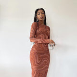 Tineit Style Tight Mid-length Dress Round Neck Long Sleeve Printed Wrap Hip Skirt Pullover Dress Vintage Dress