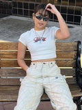 Tineit American Style Retro White Shoulder Short Short-sleeved T-shirt Women's Summer European And American Abg Hot Girl Bm Cropped Top