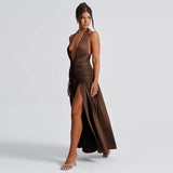 Tineit Style 2024 Summer New Women's Elegant Neck V-neck Long Dress Sexy Split Pleated Backless Dress