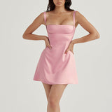 Tineit Pink Square Neck Satin Mini Dress