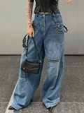 Tineit Patchwork Blue Wash Baggy Cargo Jeans