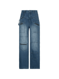 Tineit Patchwork Blue Wash Baggy Cargo Jeans