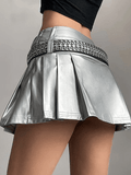 Tineit Pleated Pu Leather Mini Skirt