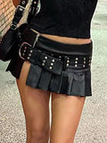 Tineit Punk Rivet Belted Pleated Slit Leather Mini Skirt