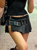 Tineit Punk Rivet Belted Pleated Slit Leather Mini Skirt