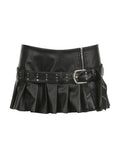 Tineit Punk Rivet Belted Pleated Slit Leather Mini Skirt