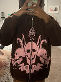 Tineit Skeleton Graphic Zip-Up Oversized Hoodie